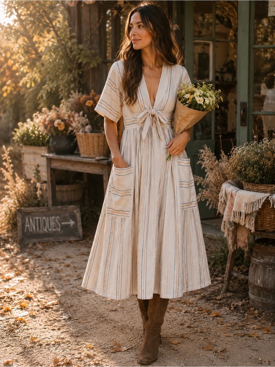 Happy X Nature Dresses & Skirts - Happy x Nature Kate Hudson Linen Blend Stripe Midi Dress | Pockets